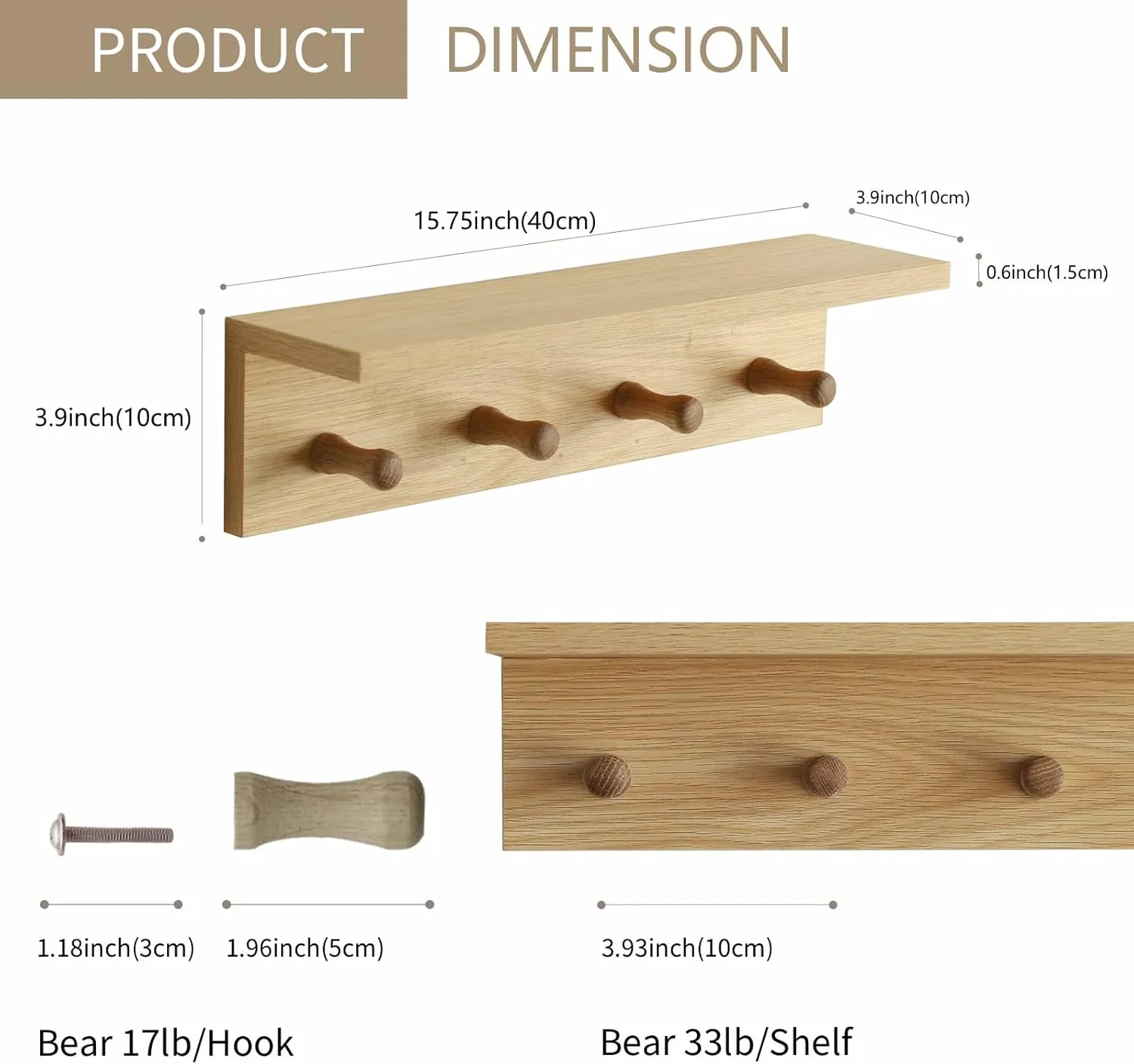 Wall Mount Coat Rack with Shelf, Sturdy Wooden Floating Shelf withHooks Save Your Indoor Space, Wall Organizer siutable for Entryway, Mudroom,Kitchen, Bathroom, etc(Oak Finish)