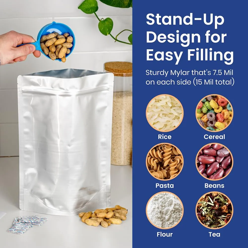 Wallaby 1-Gallon Gusset Mylar Bag Bundle - 30x Stand-Up Zipper Pouches, 30x 400cc Oxygen Absorbers, 30x Labels - Heat Sealable & Food Safe - Silver Standard Silver 30 Pack