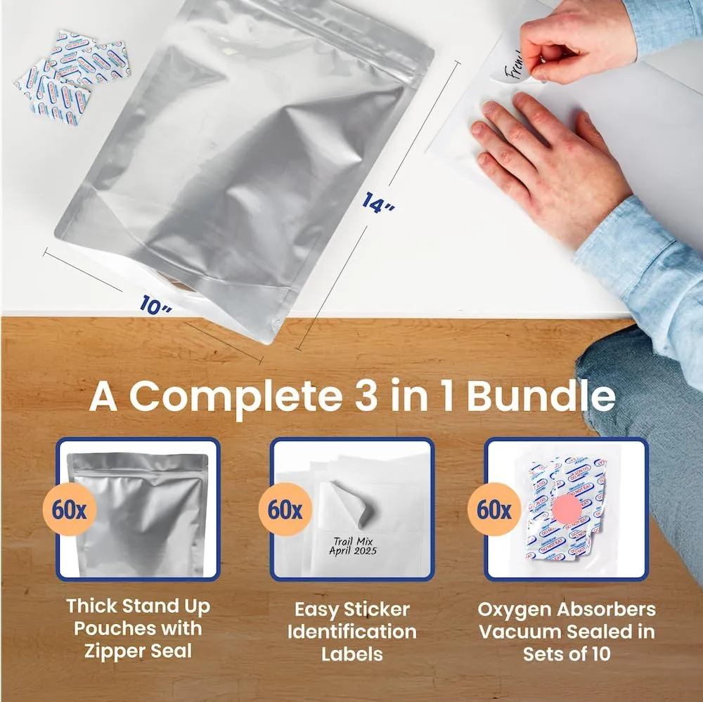 Wallaby 1-Gallon Gusset Mylar Bag Bundle - 30x Stand-Up Zipper Pouches, 30x 400cc Oxygen Absorbers, 30x Labels - Heat Sealable & Food Safe - Silver Standard Silver 30 Pack