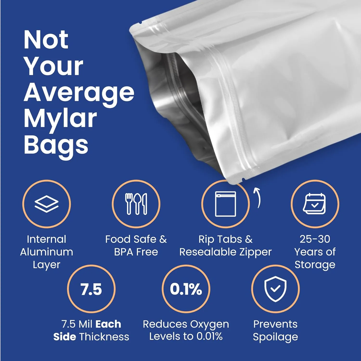 Wallaby 1-Gallon Gusset Mylar Bag Bundle - 30x Stand-Up Zipper Pouches, 30x 400cc Oxygen Absorbers, 30x Labels - Heat Sealable & Food Safe - Silver Standard Silver 30 Pack
