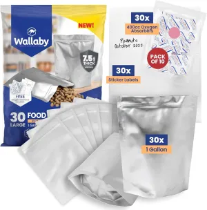 Wallaby 1-Gallon Gusset Mylar Bag Bundle - 30x Stand-Up Zipper Pouches, 30x 400cc Oxygen Absorbers, 30x Labels - Heat Sealable & Food Safe - Silver Standard Silver 30 Pack