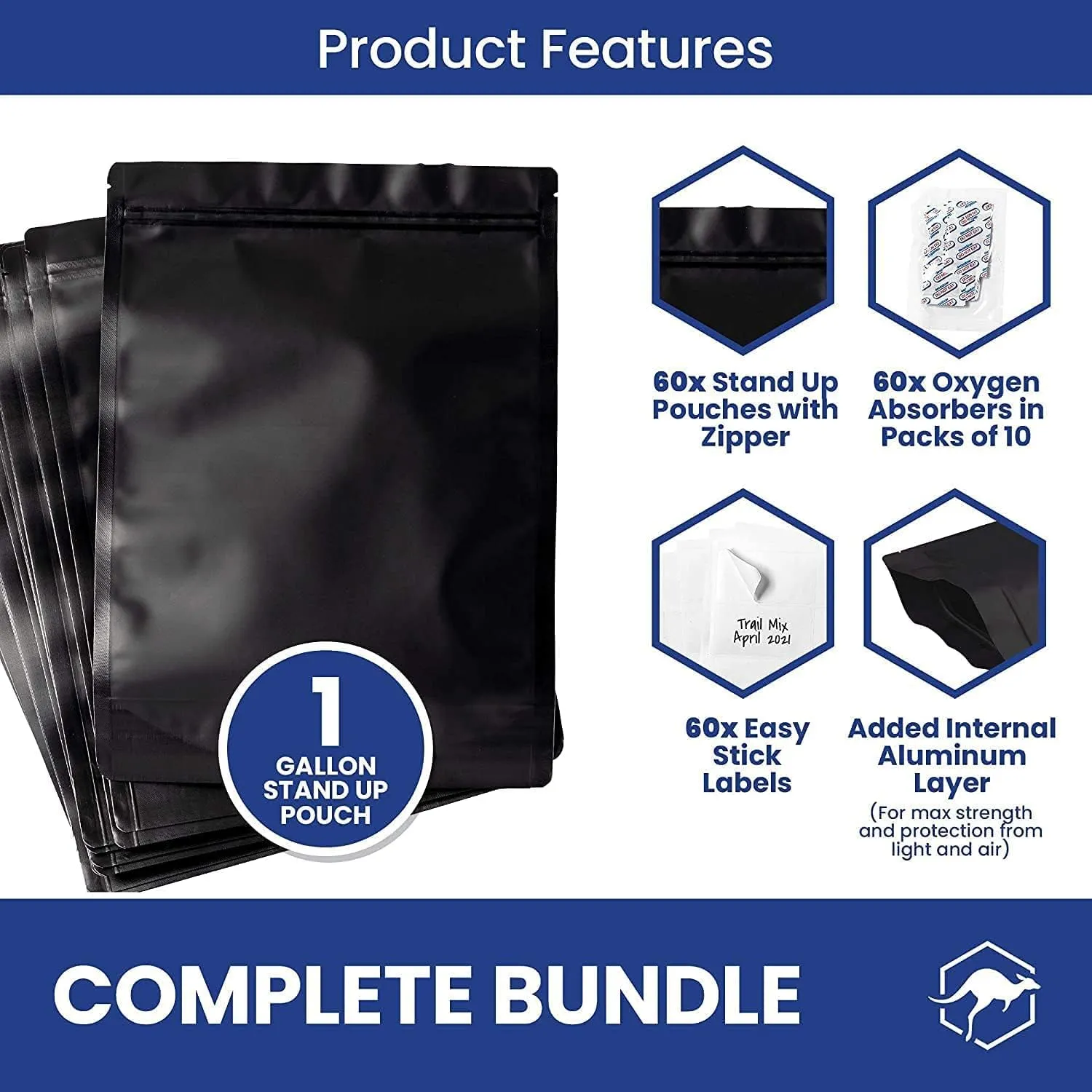 Wallaby 60 Count 1-Gallon Gusset Mylar Bags with 400cc Oxygen Absorbers, 15 Mil Total Thicker Long-Term Food Storage Pouches, 10x14 Stand-Up Resealable Heat-Sealable Airtight Packaging - Matte Black