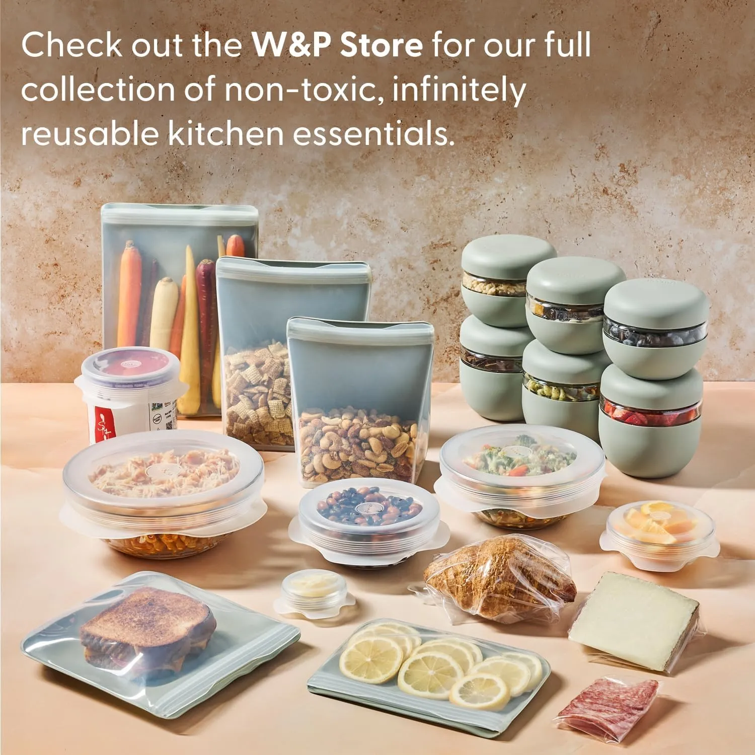 W&P Porter Plastic Bowl Lunch Container w/ Protective Non-slip Exterior, Mint 1 Liter | Lid & Snap-tight Silicone Strap | Food Storage, Bento Box, Meal Prep | BPA-Free Plastic