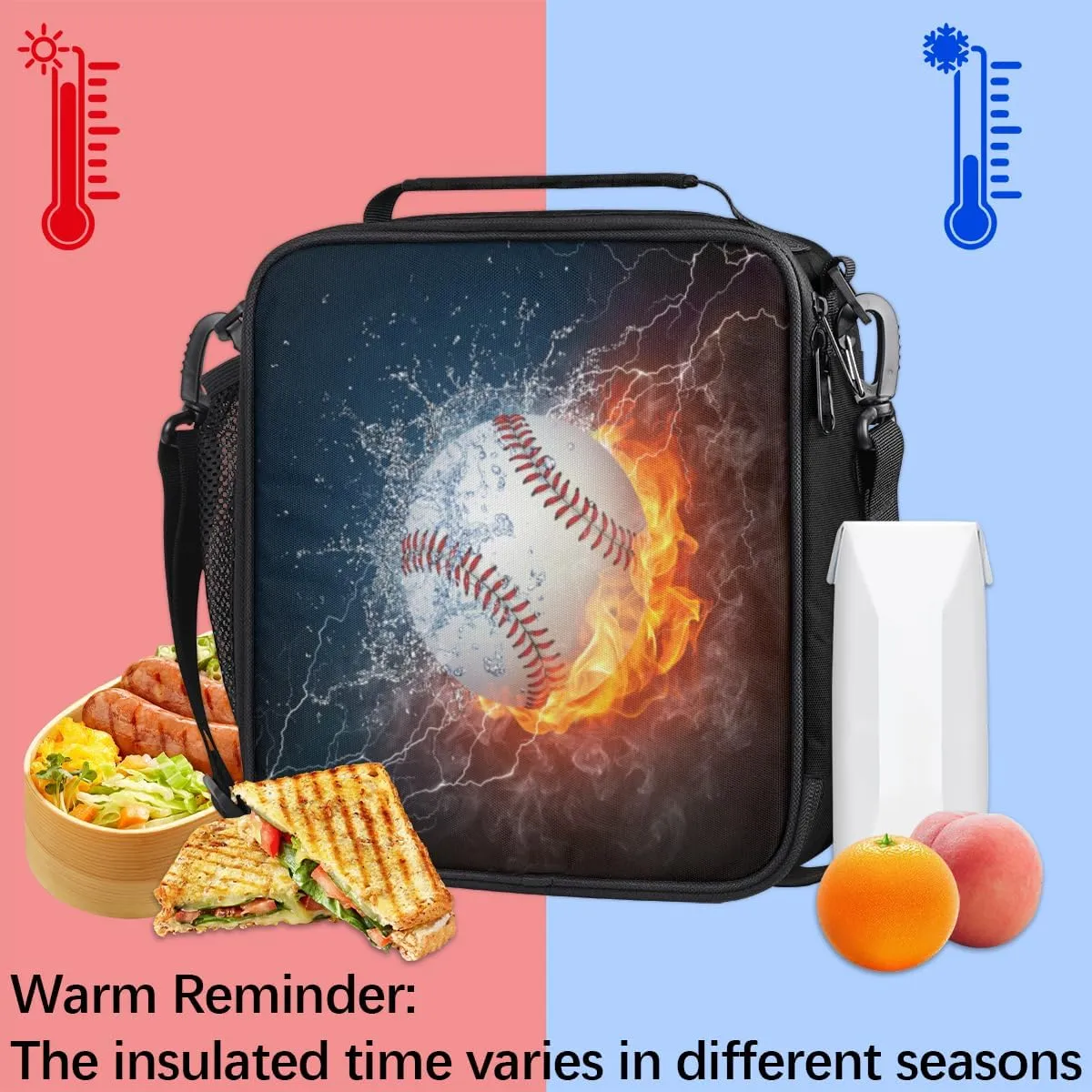 Water and Fire Baseball Insulated Lunch Bag for Boys Girls Adults, Reusable Cooler Thermal Meal Lunch Box Tote Bag with Shoulder Strap for Work School Picnic Beach Park
