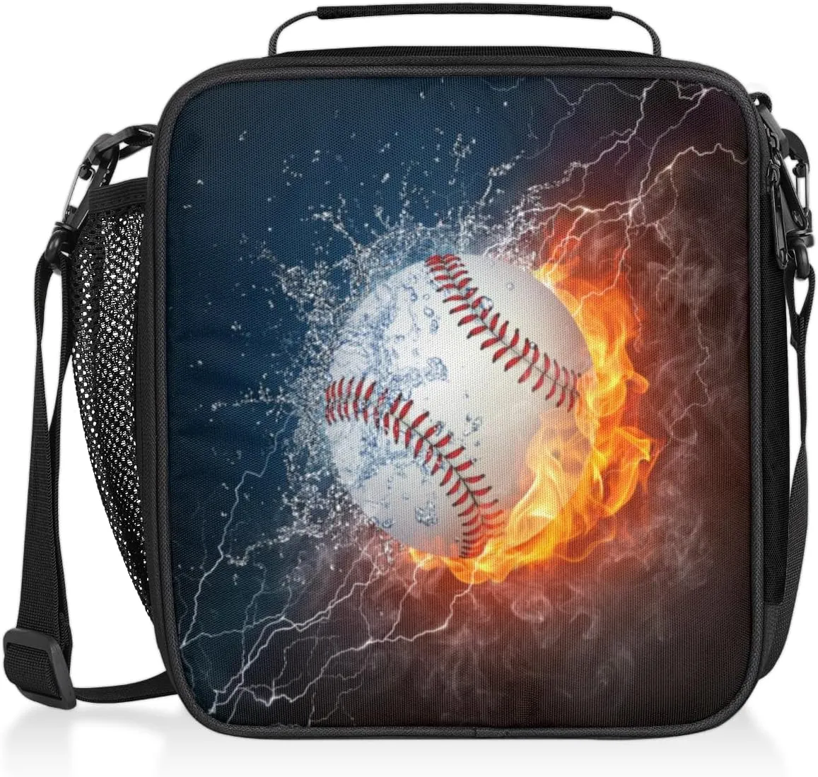 Water and Fire Baseball Insulated Lunch Bag for Boys Girls Adults, Reusable Cooler Thermal Meal Lunch Box Tote Bag with Shoulder Strap for Work School Picnic Beach Park