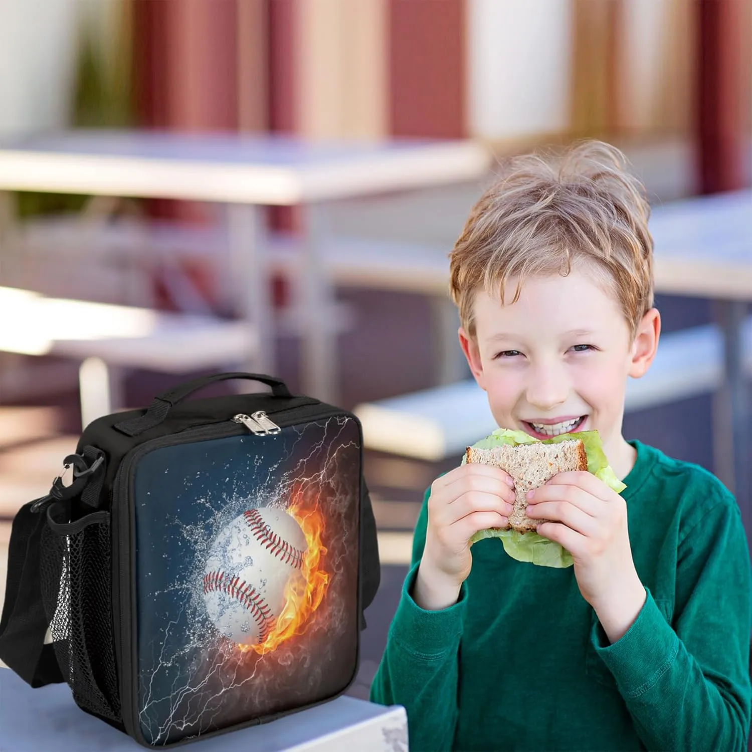 Water and Fire Baseball Insulated Lunch Bag for Boys Girls Adults, Reusable Cooler Thermal Meal Lunch Box Tote Bag with Shoulder Strap for Work School Picnic Beach Park