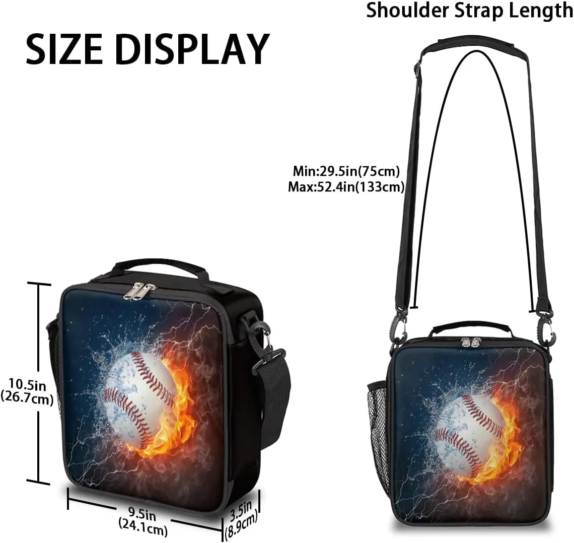 Water and Fire Baseball Insulated Lunch Bag for Boys Girls Adults, Reusable Cooler Thermal Meal Lunch Box Tote Bag with Shoulder Strap for Work School Picnic Beach Park