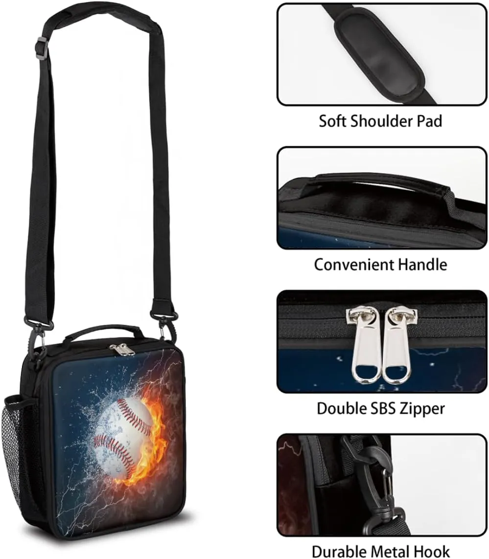 Water and Fire Baseball Insulated Lunch Bag for Boys Girls Adults, Reusable Cooler Thermal Meal Lunch Box Tote Bag with Shoulder Strap for Work School Picnic Beach Park