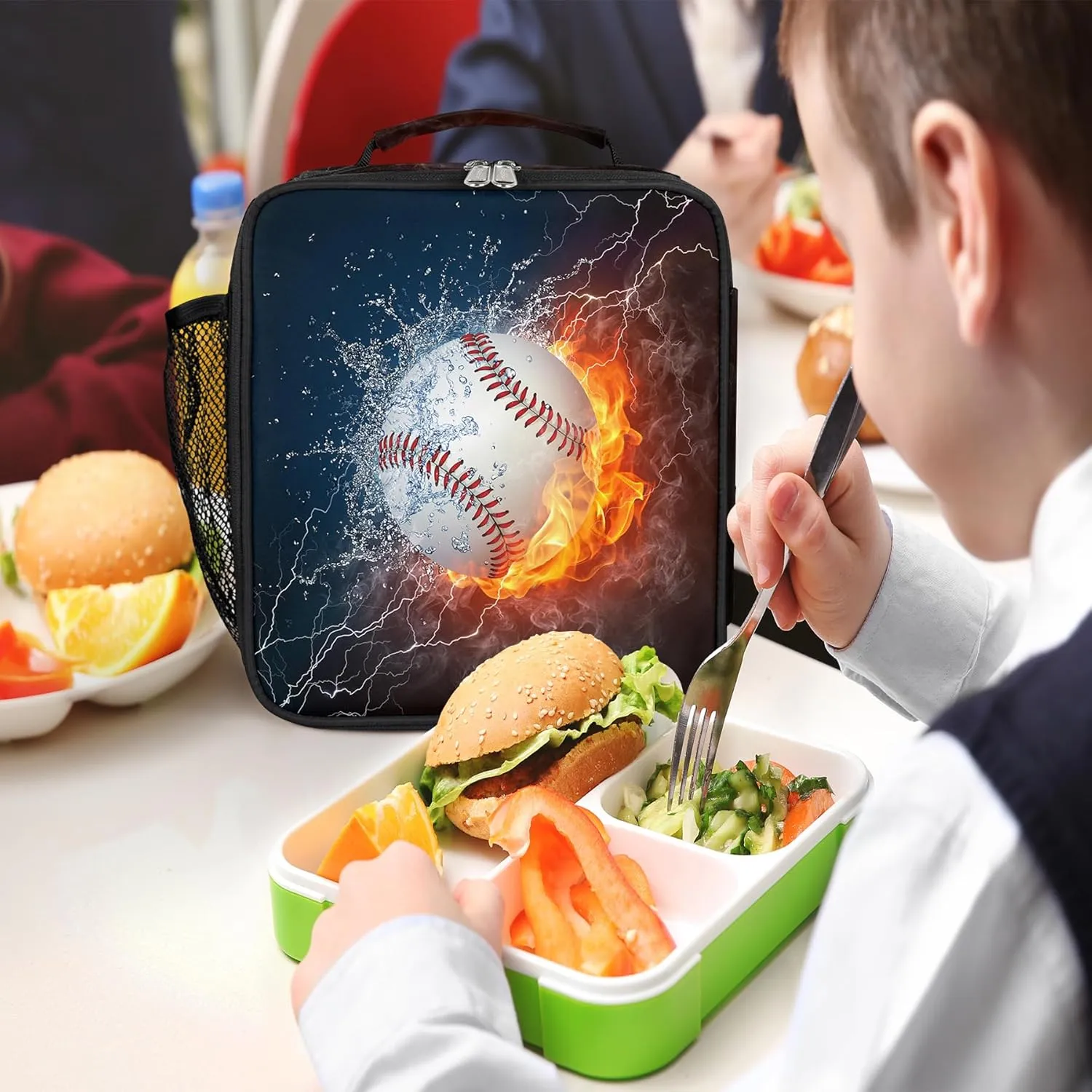 Water and Fire Baseball Insulated Lunch Bag for Boys Girls Adults, Reusable Cooler Thermal Meal Lunch Box Tote Bag with Shoulder Strap for Work School Picnic Beach Park
