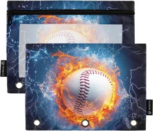 Water and Fire Baseball Pencil Pouch for 3 Ring Binder 2 Pack Clear Window Pencil Bags with Zipper Pencil Case for School Class Office College Supplies
