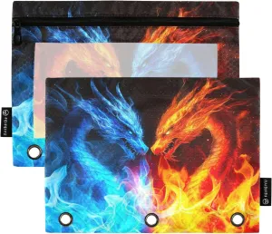 Water and Fire Dragon Pencil Pouch for 3 Ring Binder 2 Pack Clear Window Pencil Bags with Zipper Pencil Case for School Class Office College Supplies