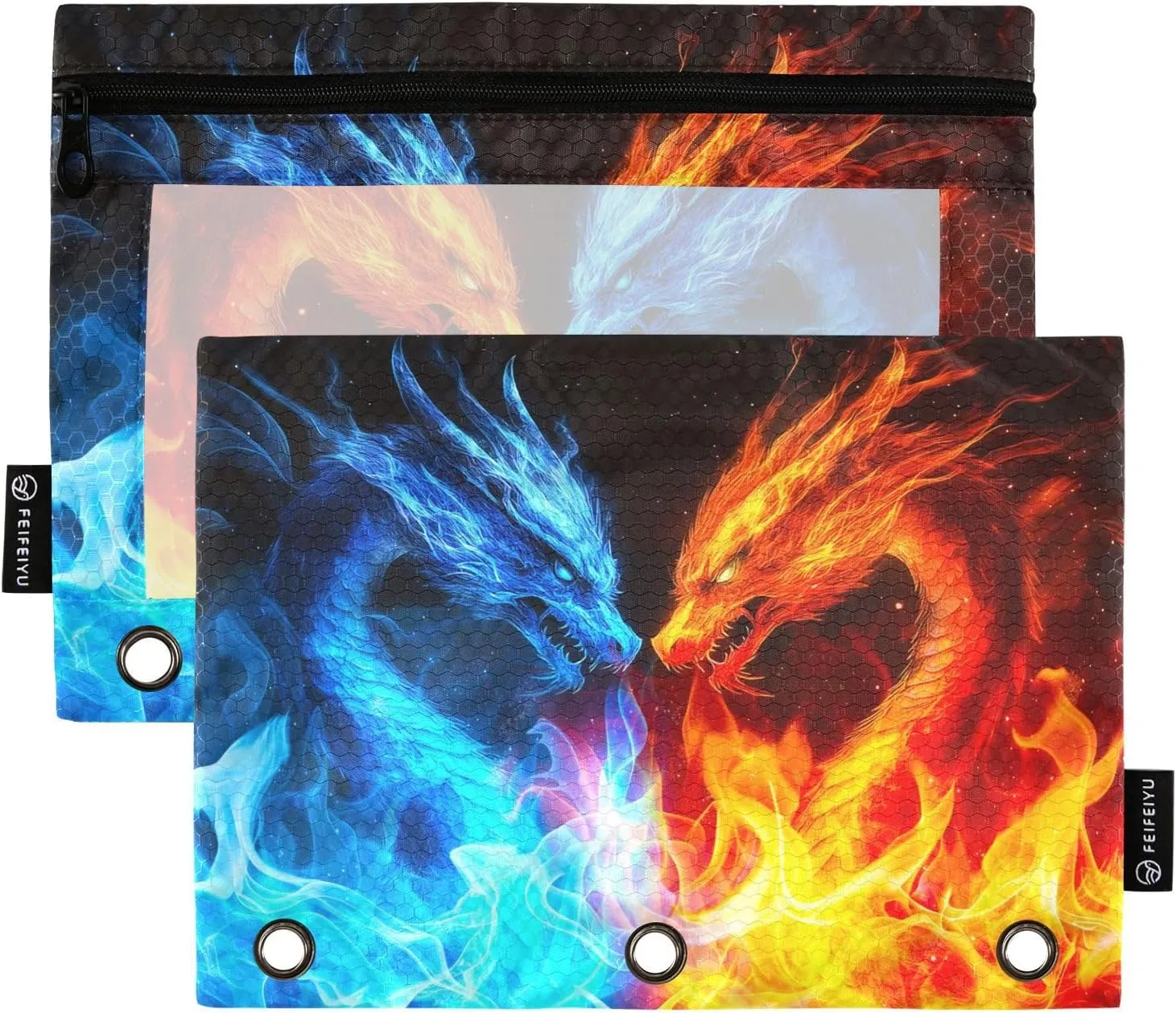 Water and Fire Dragon Pencil Pouch for 3 Ring Binder 2 Pack Clear Window Pencil Bags with Zipper Pencil Case for School Class Office College Supplies