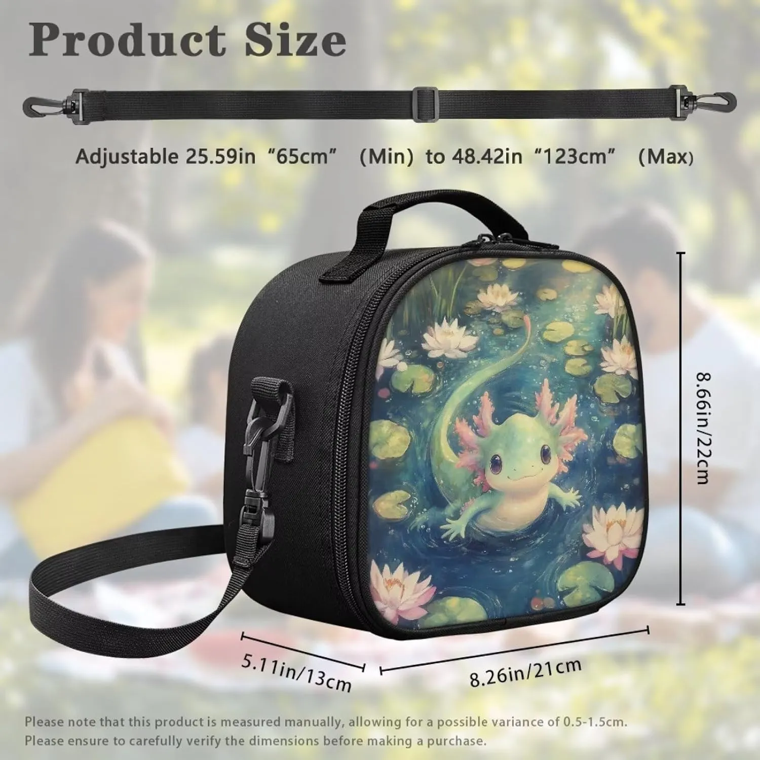Water Lily Axolotl Green Insulated Lunch Box for Kids Beach Cooler Bag with Detachable Handle & Adjustable Shoulder Strap Cute Food Warmer Lunch Bags Small Thermal Lunchbox