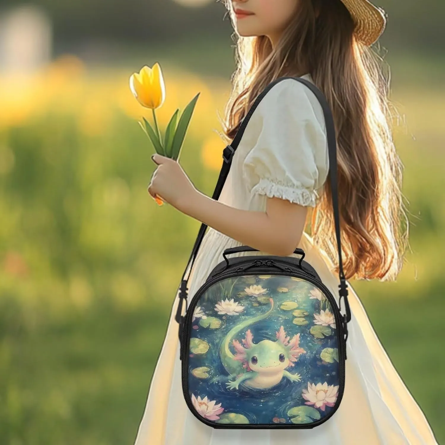 Water Lily Axolotl Green Insulated Lunch Box for Kids Beach Cooler Bag with Detachable Handle & Adjustable Shoulder Strap Cute Food Warmer Lunch Bags Small Thermal Lunchbox