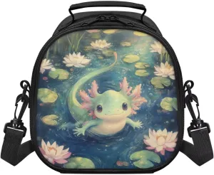 Water Lily Axolotl Green Insulated Lunch Box for Kids Beach Cooler Bag with Detachable Handle & Adjustable Shoulder Strap Cute Food Warmer Lunch Bags Small Thermal Lunchbox