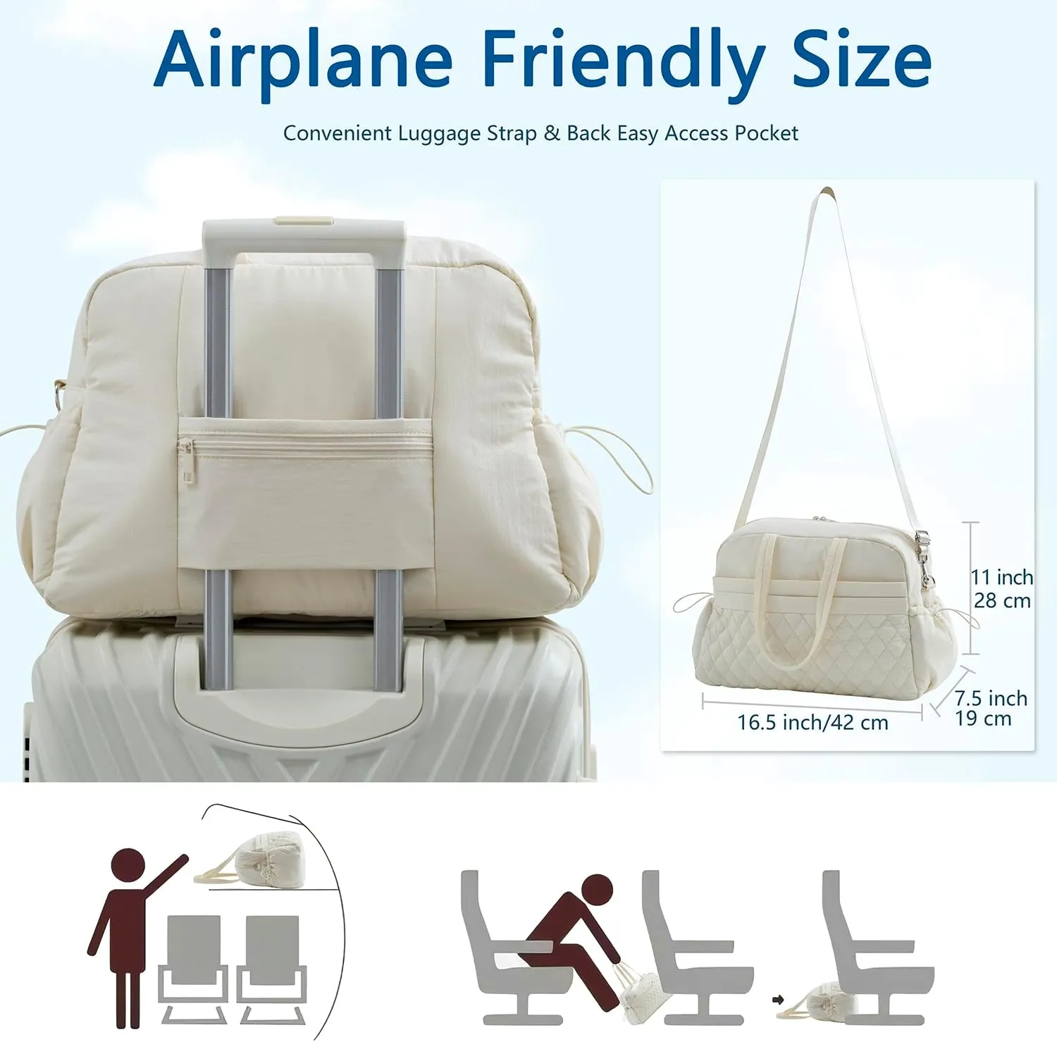 Water-Resistant Women's Duffle Bag - Carry On Approved Gym Tote with Wet Pocket, Lightweight Weekender Overnight Bag for Travel, Sports, Hospital 16.5x7.5x11 Inch Personal Item (Beige)