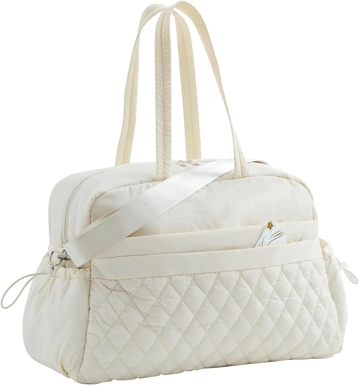 Water-Resistant Women's Duffle Bag - Carry On Approved Gym Tote with Wet Pocket, Lightweight Weekender Overnight Bag for Travel, Sports, Hospital 16.5x7.5x11 Inch Personal Item (Beige)