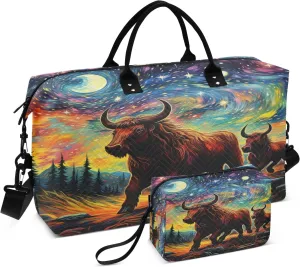 Watercolor Art Bison Travel Duffel Bags Gym Bag Weekender Handbag with Toiletry Bag for Women Girls Men