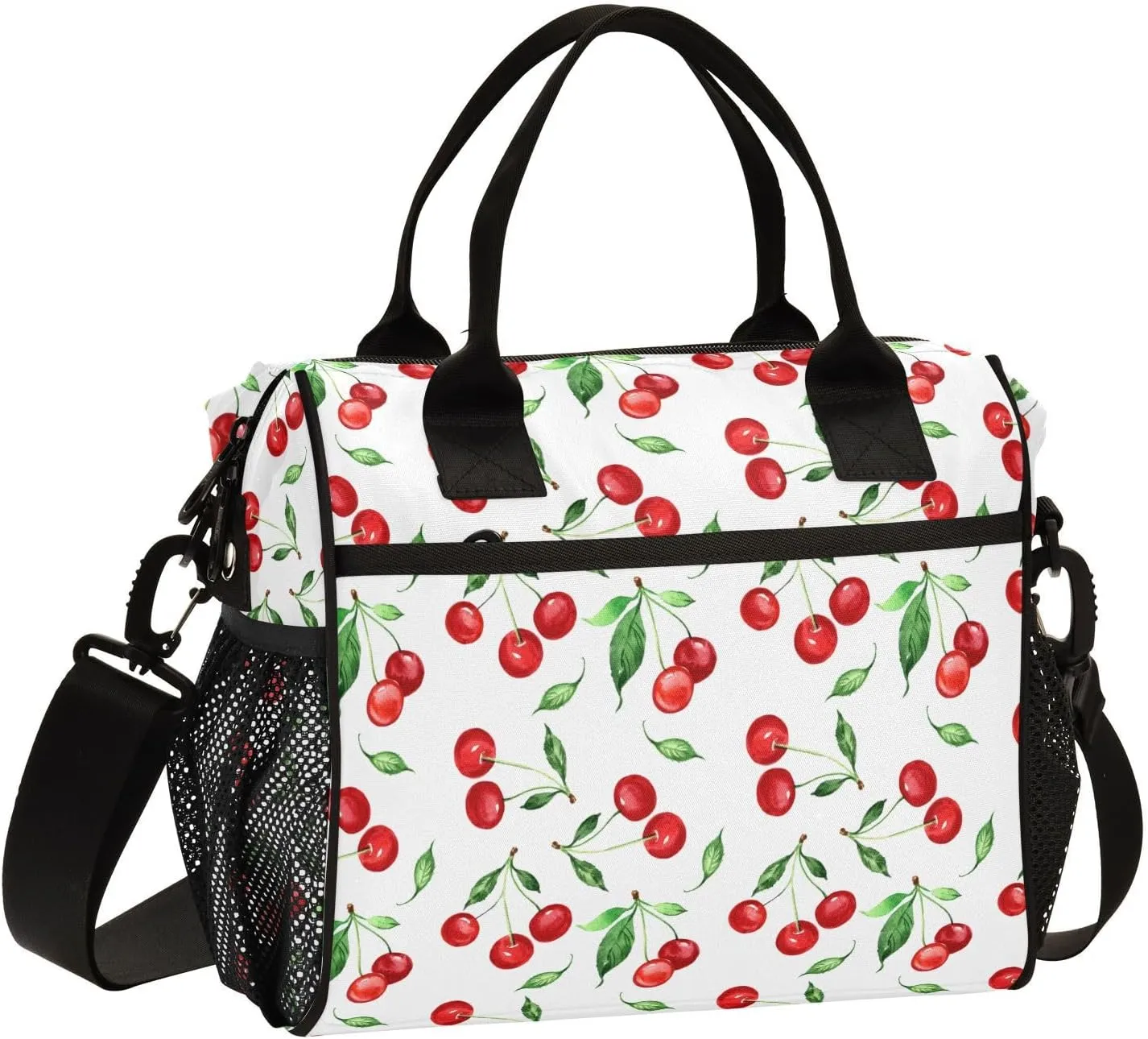 Watercolor Cherry Lunch Bag Reusable Lunch Box for Office Picnic Hiking Beach, Cherry Insulated Cooler Tote Food Container with Adjustable Shoulder Strap for Men Women Adults