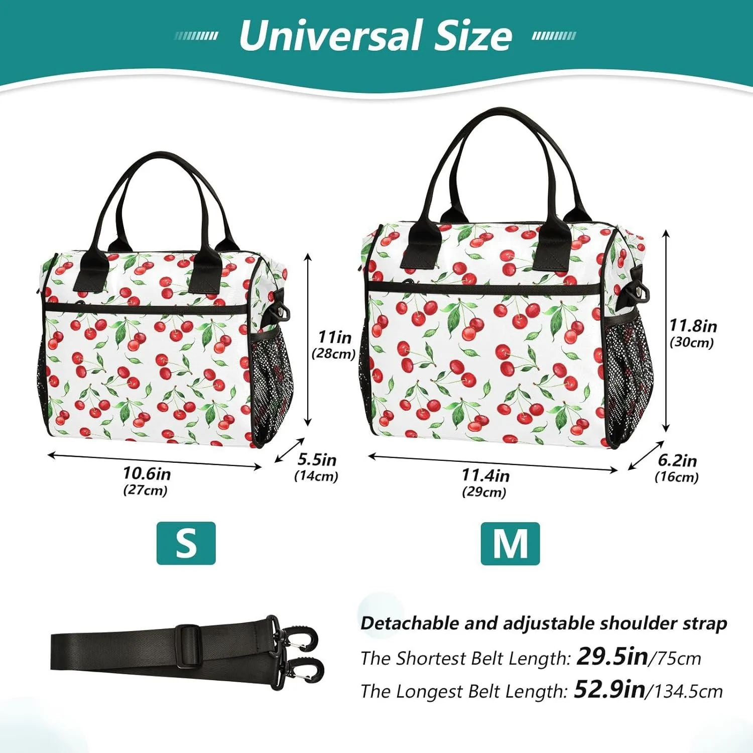 Watercolor Cherry Lunch Bag Reusable Lunch Box for Office Picnic Hiking Beach, Cherry Insulated Cooler Tote Food Container with Adjustable Shoulder Strap for Men Women Adults