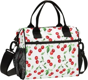 Watercolor Cherry Lunch Bag Reusable Lunch Box for Office Picnic Hiking Beach, Cherry Insulated Cooler Tote Food Container with Adjustable Shoulder Strap for Men Women Adults