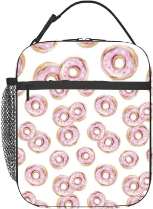 Watercolor hand painted lovely donuts white scrapbooking textile Insulated Iunch Bag for Men Woman Large Portable Waterproof Reusable Thermal Lunch Box with Pockets for Work Travel Picnic
