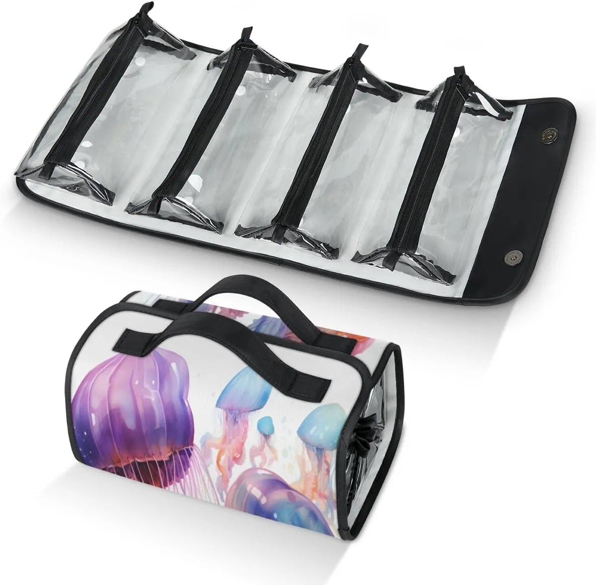 Watercolor Jellyfish Travel Toiletry Bag Clear Cosmetic Bag Organizer Waterproof Foldable Makeup Bag with 4 PVC Pouches Travel Organizer Bags for Luggage Business Trip
