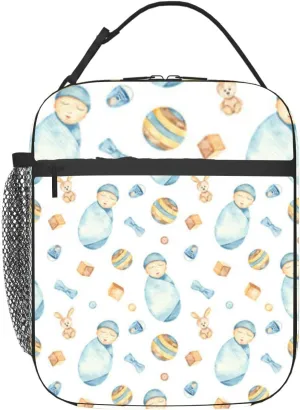 Watercolor newborn blue diapers and toys Insulated Iunch Bag for Men Woman Large Portable Waterproof Reusable Thermal Lunch Box with Pockets for Work Travel Picnic