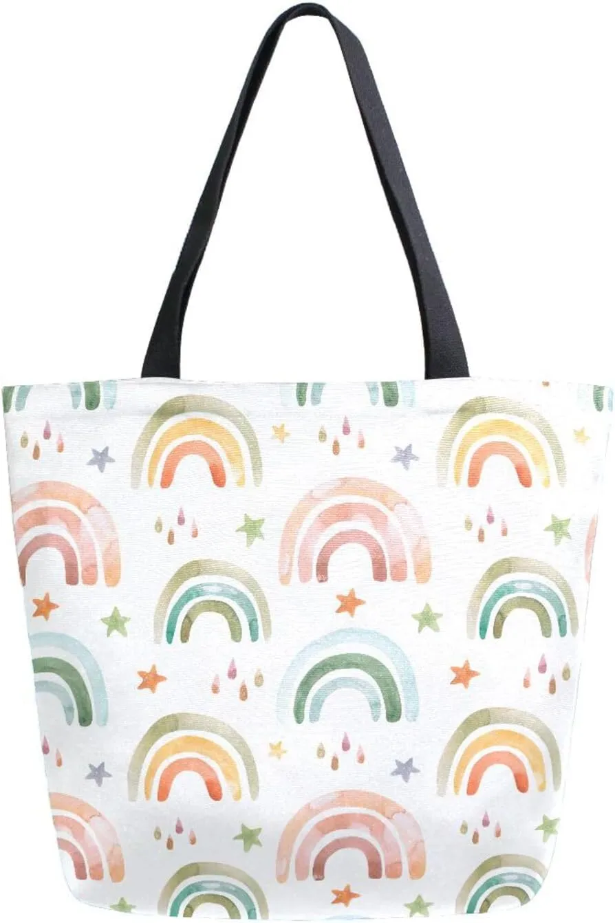 Watercolor Rainbow with Raindrop Canvas Tote Bag for Women with Zipper Pocket Reusable Grocery Shopping Bags Large Travel Shoulder Bag Handbag Bags
