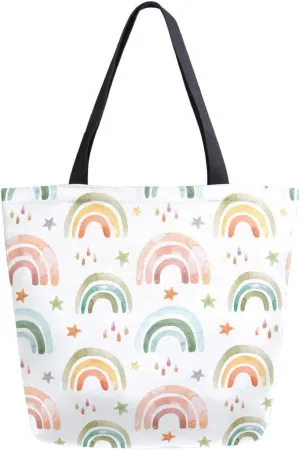 Watercolor Rainbow with Raindrop Canvas Tote Bag for Women with Zipper Pocket Reusable Grocery Shopping Bags Large Travel Shoulder Bag Handbag Bags