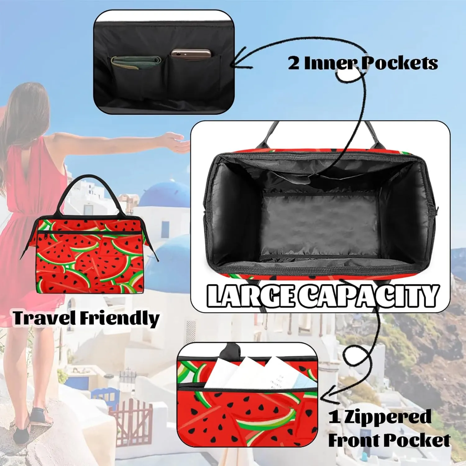 Watercolor Summer Watermelon Travel Duffel Bag Gym Tote Bag for Women Men Waterproof Weekend Overnight Bag Carry On Tote Luggage with Pocket Personal Item Bags Sports Bag fit Travel Sports Gym Yoga