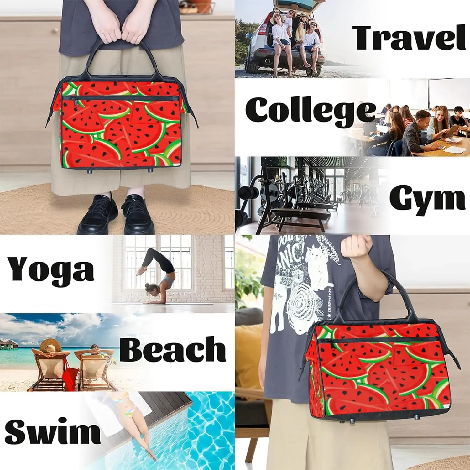 Watercolor Summer Watermelon Travel Duffel Bag Gym Tote Bag for Women Men Waterproof Weekend Overnight Bag Carry On Tote Luggage with Pocket Personal Item Bags Sports Bag fit Travel Sports Gym Yoga