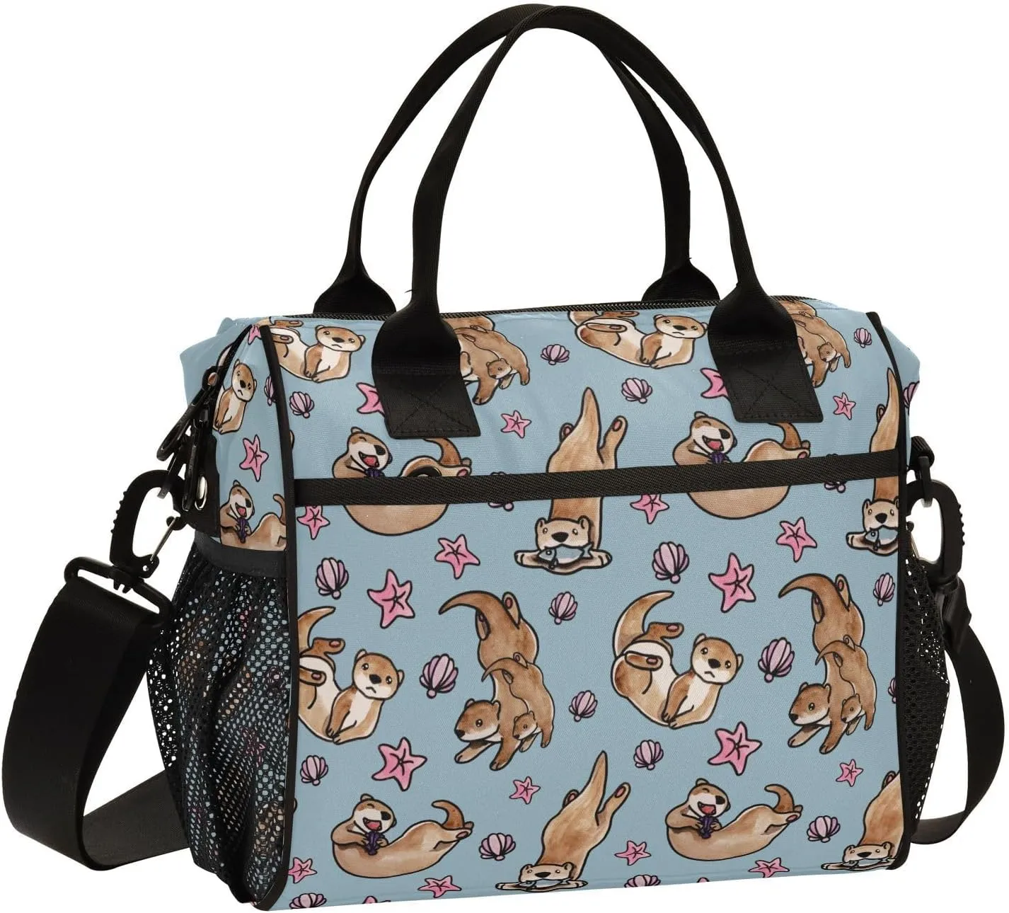 Watercolour Otters Pattern Lunch Bag Reusable Lunch Box for Office Picnic Hiking Beach, Insulated Cooler Tote Food Container with Adjustable Shoulder Strap for Men Women Adults