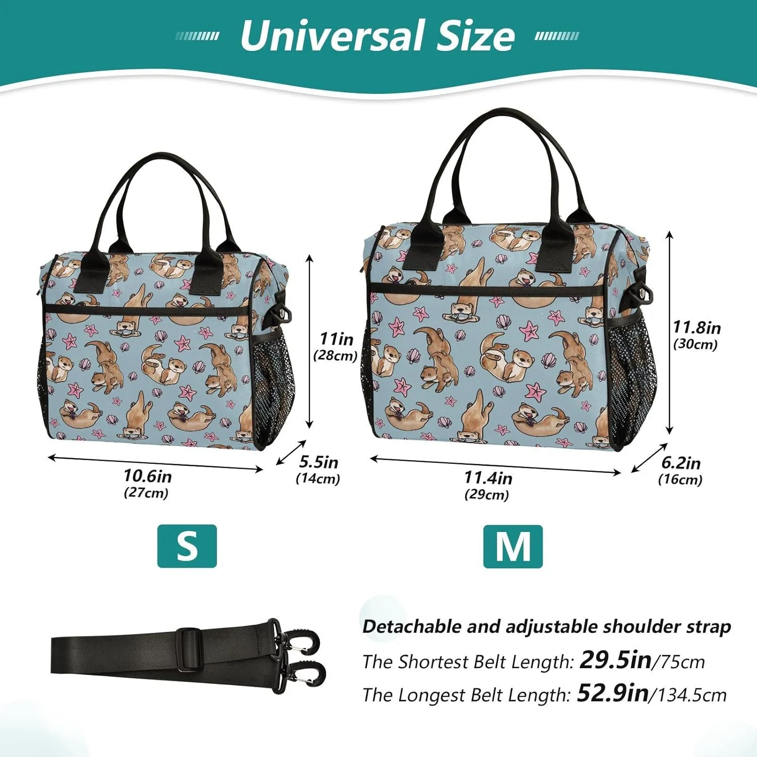 Watercolour Otters Pattern Lunch Bag Reusable Lunch Box for Office Picnic Hiking Beach, Insulated Cooler Tote Food Container with Adjustable Shoulder Strap for Men Women Adults