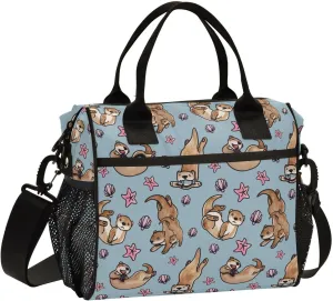 Watercolour Otters Pattern Lunch Bag Reusable Lunch Box for Office Picnic Hiking Beach, Insulated Cooler Tote Food Container with Adjustable Shoulder Strap for Men Women Adults