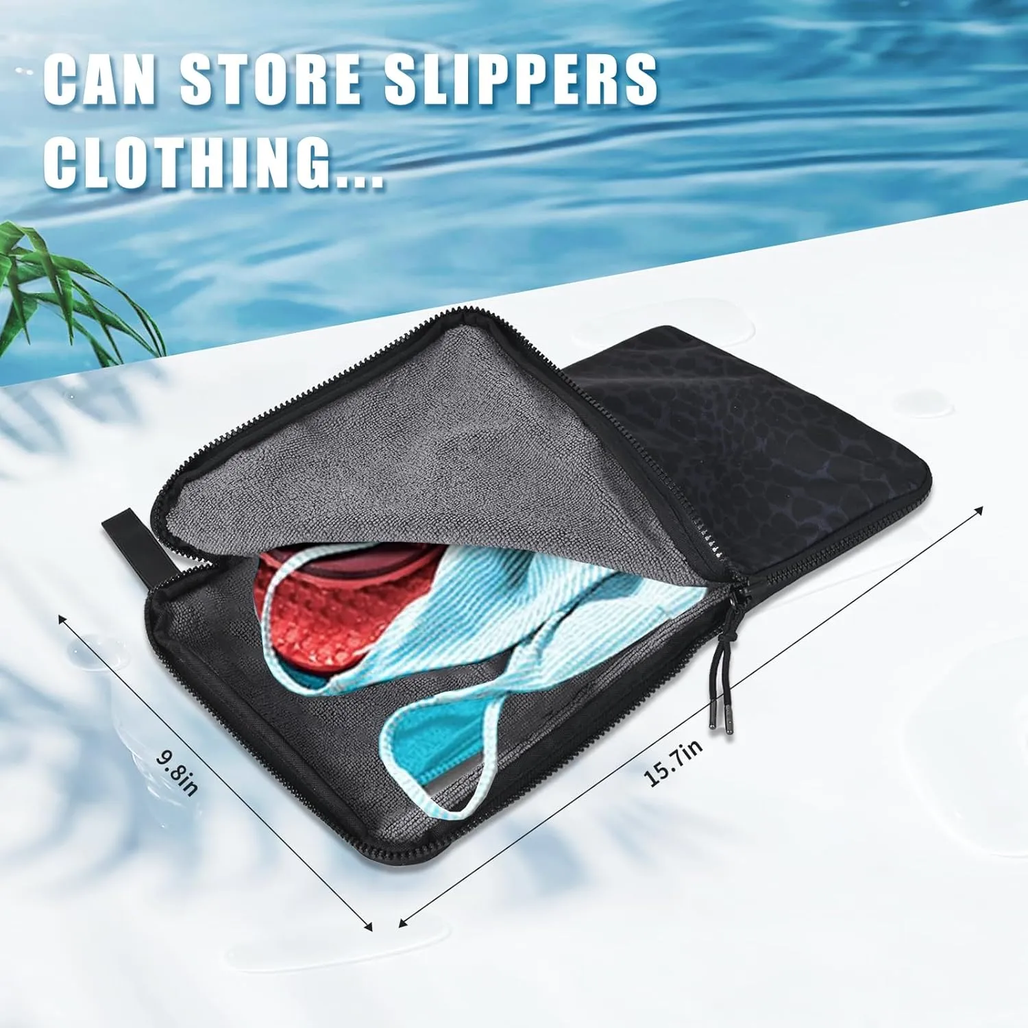 Waterproof Embedded Towel Wet Bag(Fleece),Machine Washable Wet Bag for Swimsuit,Wet Clothes Bag with Handle Zippered Oxford Cloth,Swimsuit Bag Wet Dry Gym Beach Pool Travel Essentials(Black)