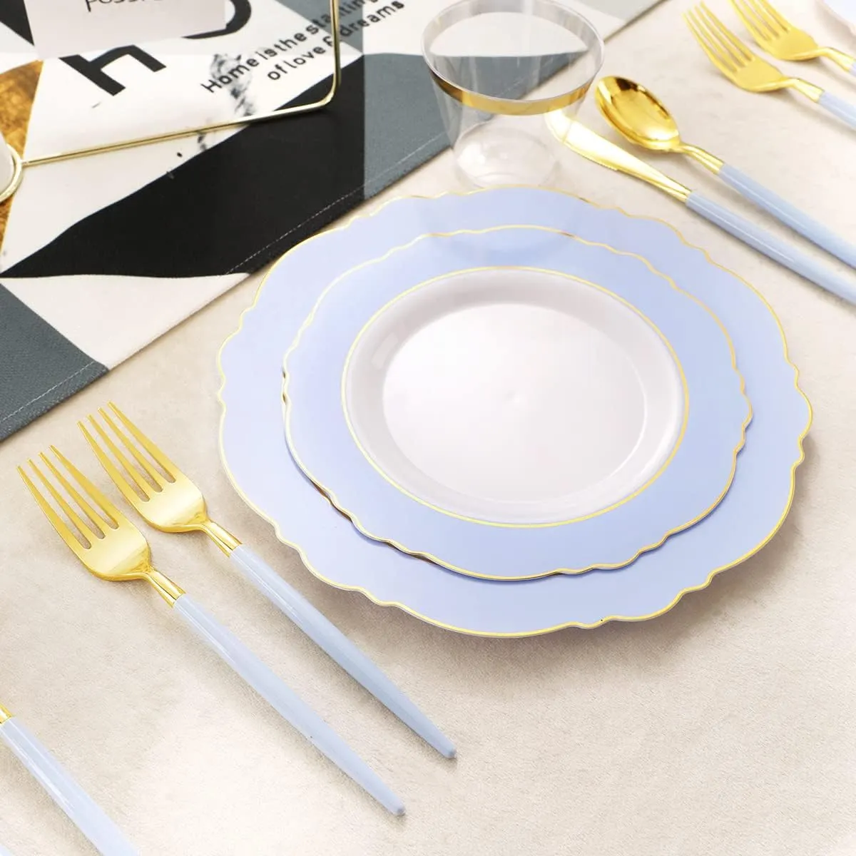 WDF 150pieces Baby Blue Plastic Plates with Gold Rim - Disposable Gold Plastic Silverware With Blue Handle-Baroque Light Blue&Gold Disposable Plates Dinnerware for Wedding/Graduation