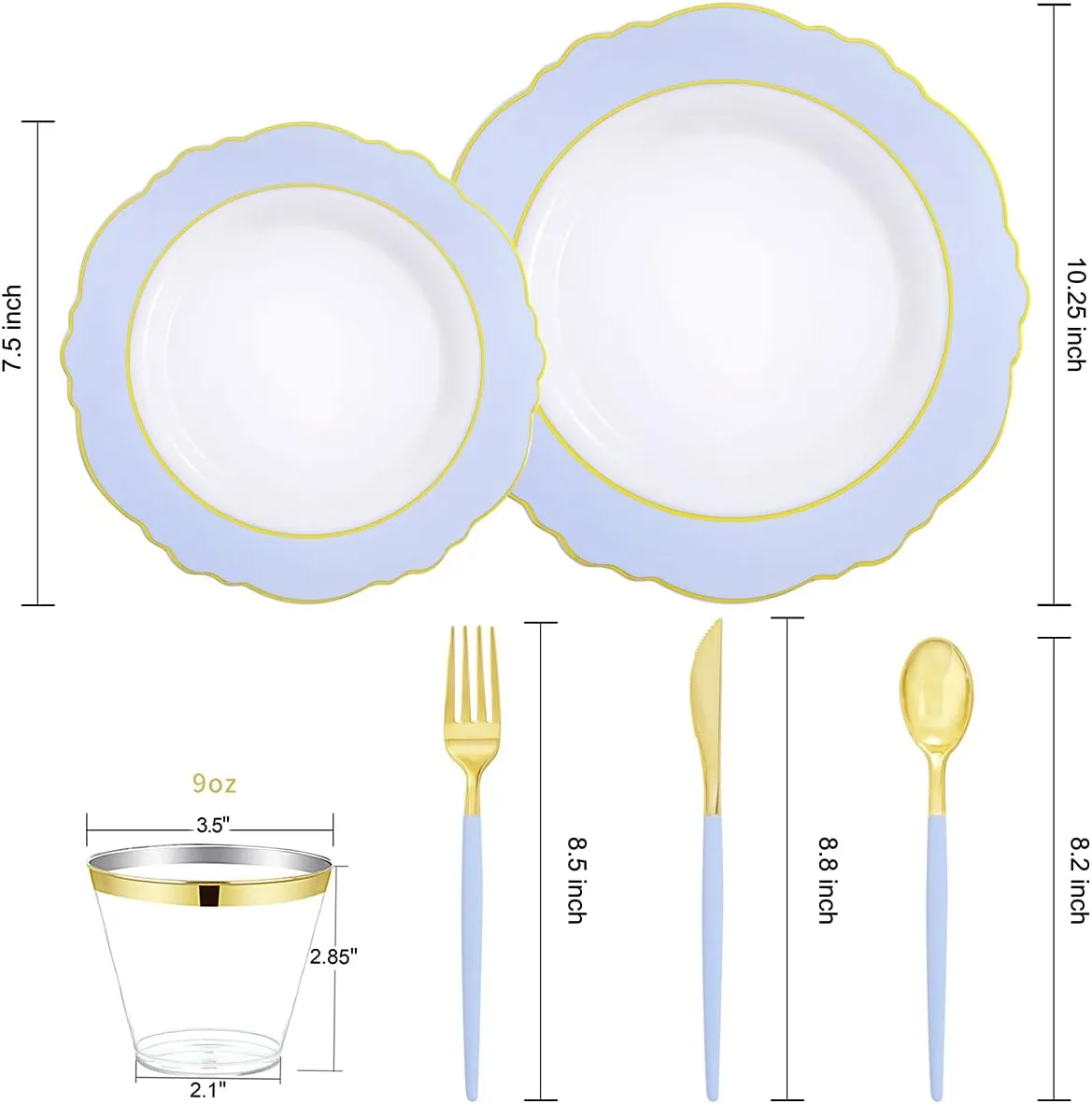 WDF 150pieces Baby Blue Plastic Plates with Gold Rim - Disposable Gold Plastic Silverware With Blue Handle-Baroque Light Blue&Gold Disposable Plates Dinnerware for Wedding/Graduation