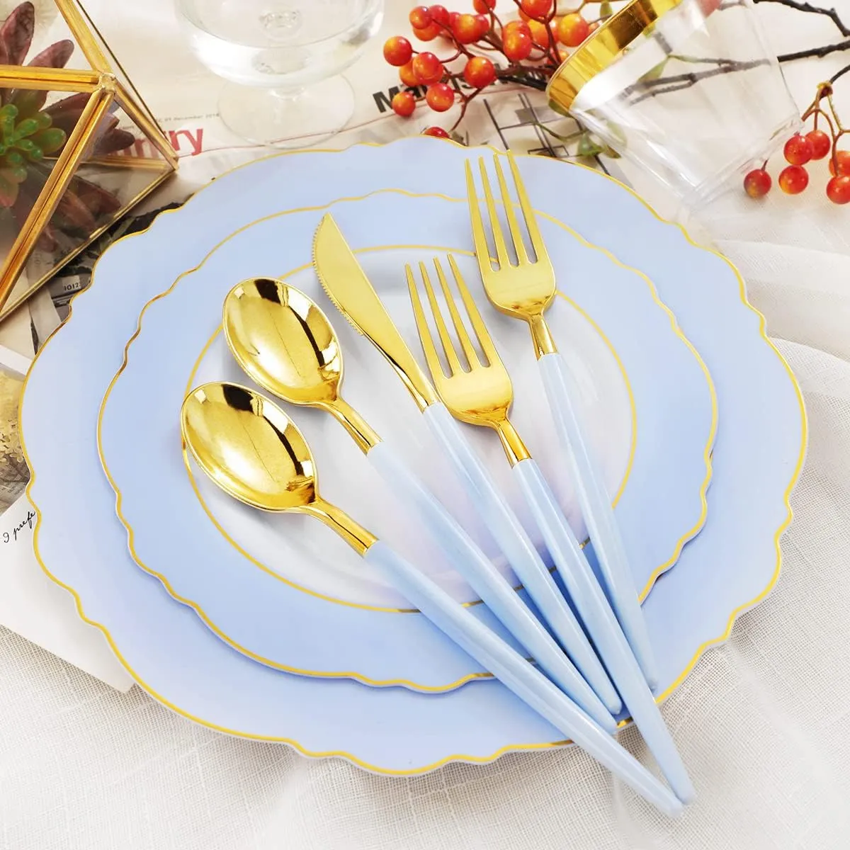 WDF 150pieces Baby Blue Plastic Plates with Gold Rim - Disposable Gold Plastic Silverware With Blue Handle-Baroque Light Blue&Gold Disposable Plates Dinnerware for Wedding/Graduation