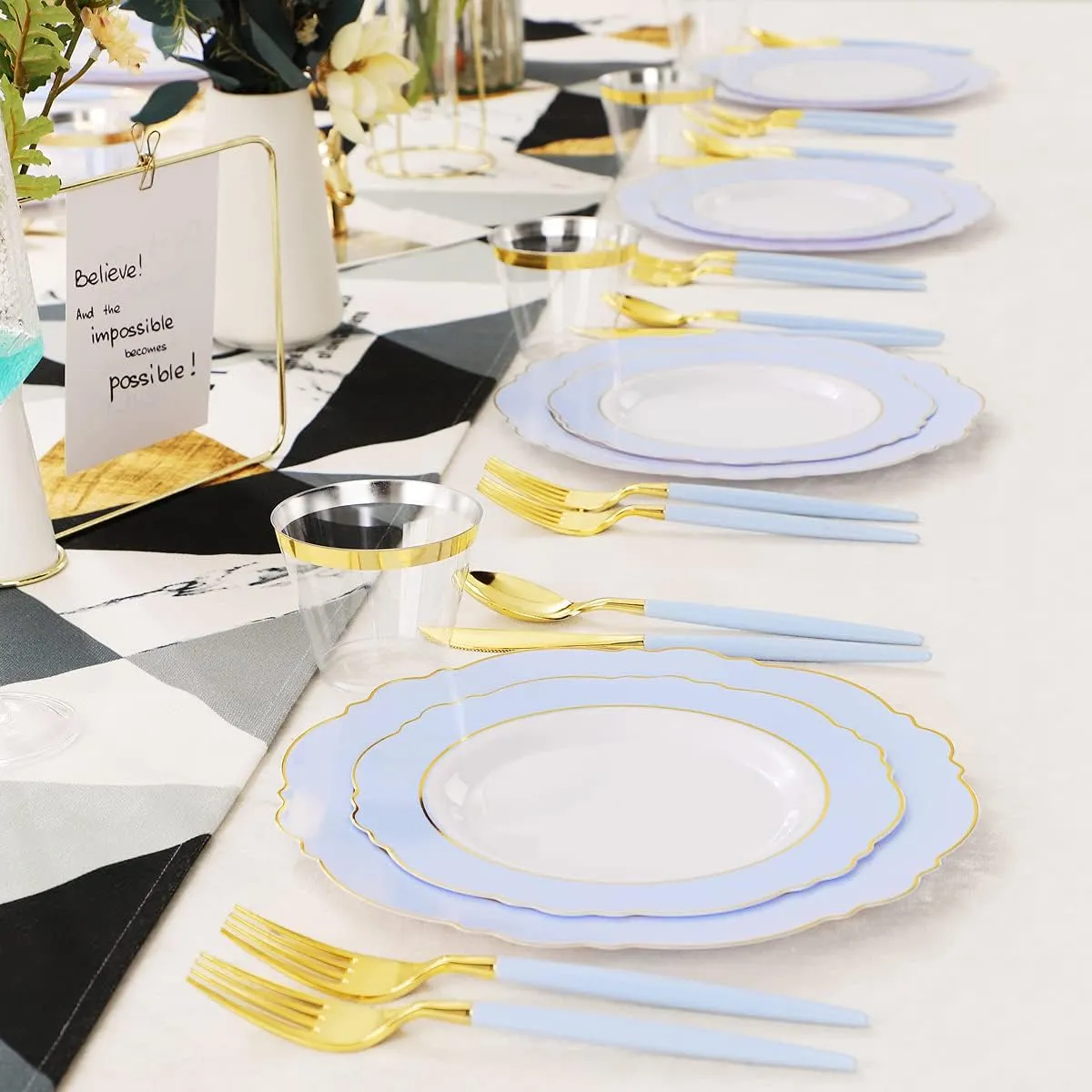 WDF 150pieces Baby Blue Plastic Plates with Gold Rim - Disposable Gold Plastic Silverware With Blue Handle-Baroque Light Blue&Gold Disposable Plates Dinnerware for Wedding/Graduation