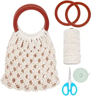 WEBEEDY Macrame Bag Kit Bohemian Handbag DIY Purse for Adults Beginners, Includes 3mm/0.12" Natural Macrame Cord, Wooden Bag Handle for Women Holiday Beach Decor, with Video Instruction