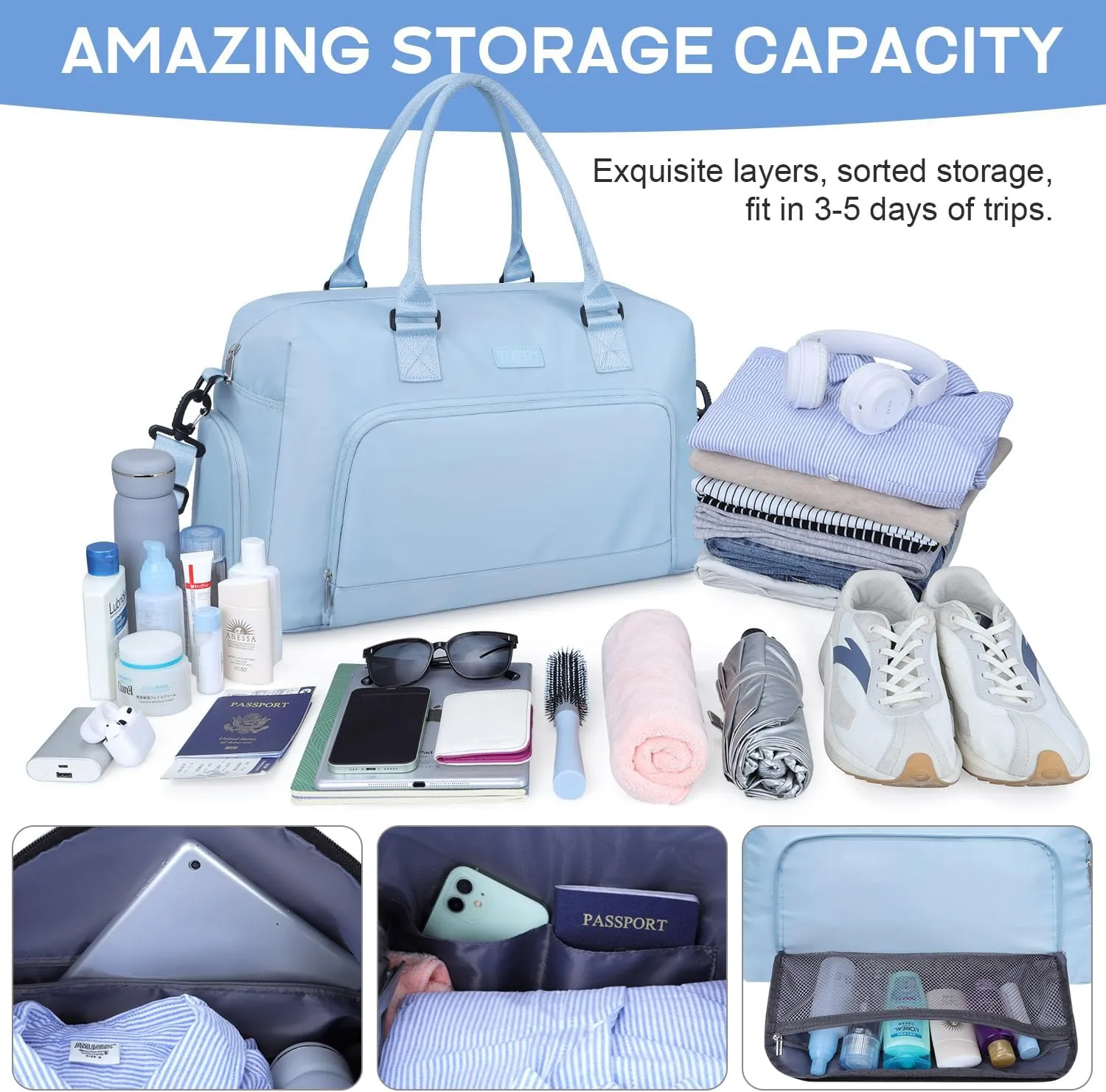 Weekender Bags for Women, LEBFEO Gym Bag for Women with Shoes Compartment, Personal Item Travel Bag, Carry on Overnight Travel Duffel Bag, Hospital Bags for Labor and Delivery, blue