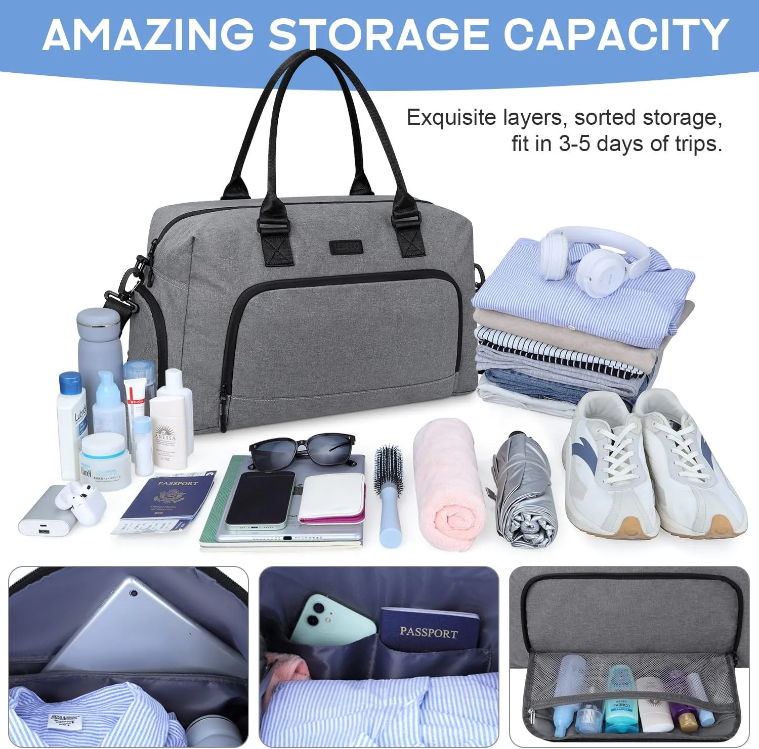 Weekender Bags for Women, LEBFEO Gym Bag for Women with Shoes Compartment, Personal Item Travel Bag, Carry on Overnight Travel Duffel Bag, Hospital Bags for Labor and Delivery, grey