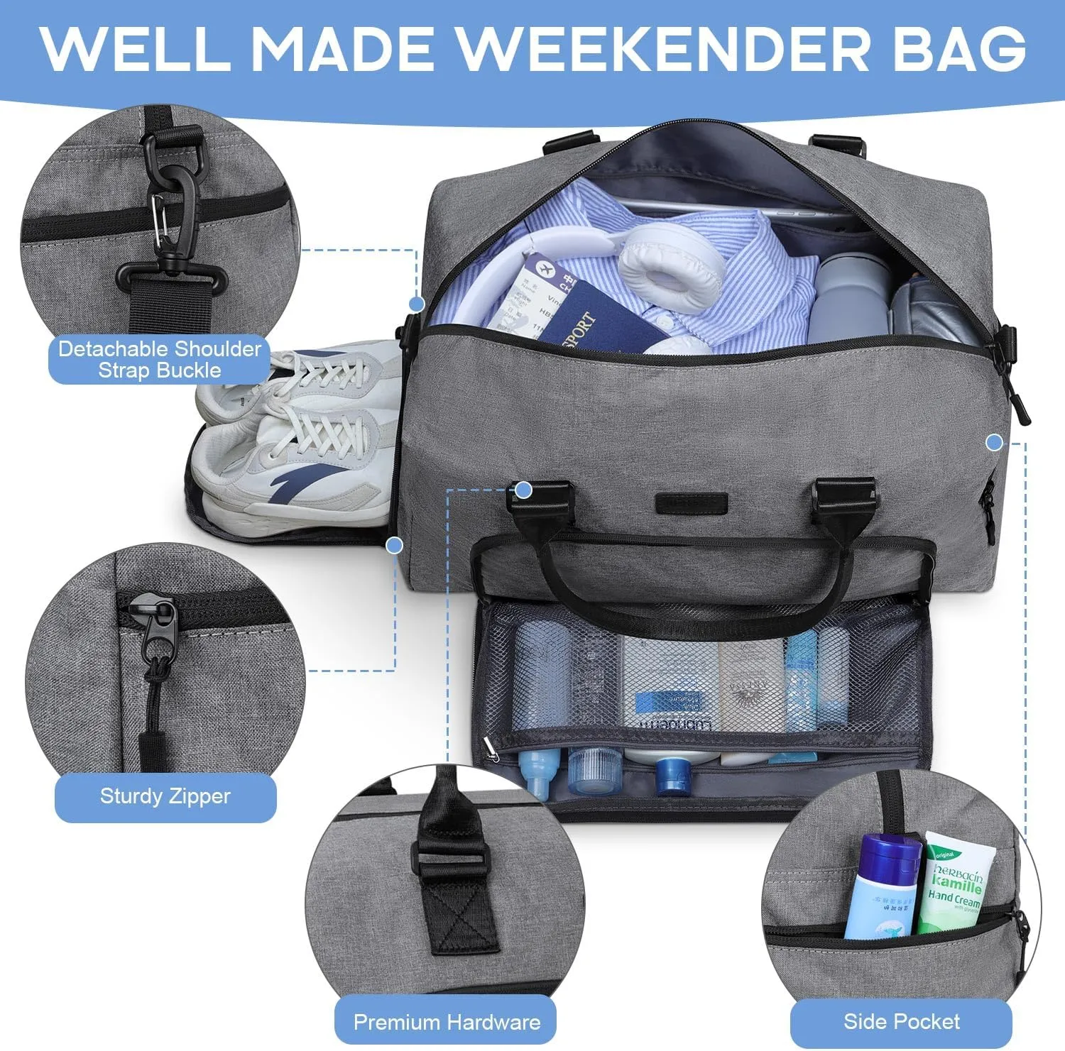Weekender Bags for Women, LEBFEO Gym Bag for Women with Shoes Compartment, Personal Item Travel Bag, Carry on Overnight Travel Duffel Bag, Hospital Bags for Labor and Delivery, grey