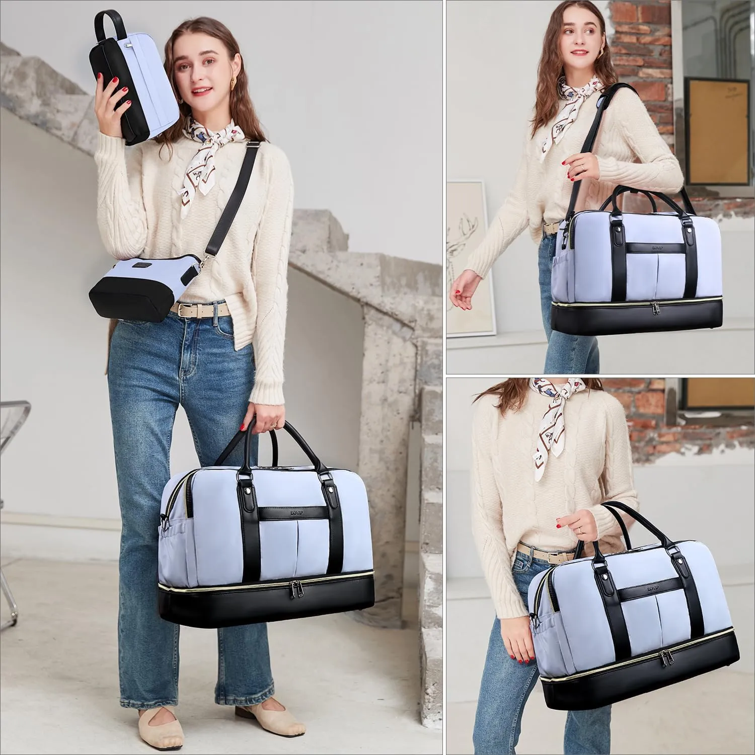 Weekender Bags for Women Overnight Bag Large Canvas Travel Duffel Bag with Shoe Compartment Carry On Tote Bag 3Pcs Set