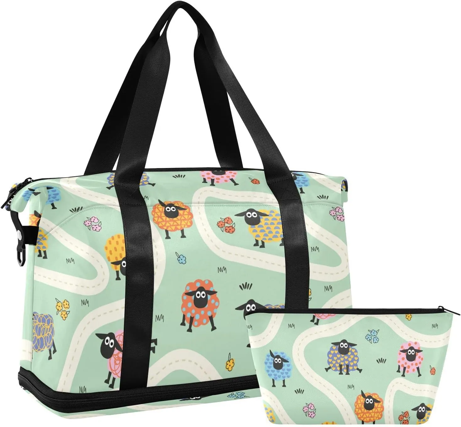 Weekender Overnight Bags for Women Funny Colorful Sheep Travel Duffel Bag with Shoe Compartments Road Map Gym Duffel Bag with Toiletry Bag for Travel Sport Yoga 17 Inch