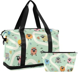 Weekender Overnight Bags for Women Funny Colorful Sheep Travel Duffel Bag with Shoe Compartments Road Map Gym Duffel Bag with Toiletry Bag for Travel Sport Yoga 17 Inch