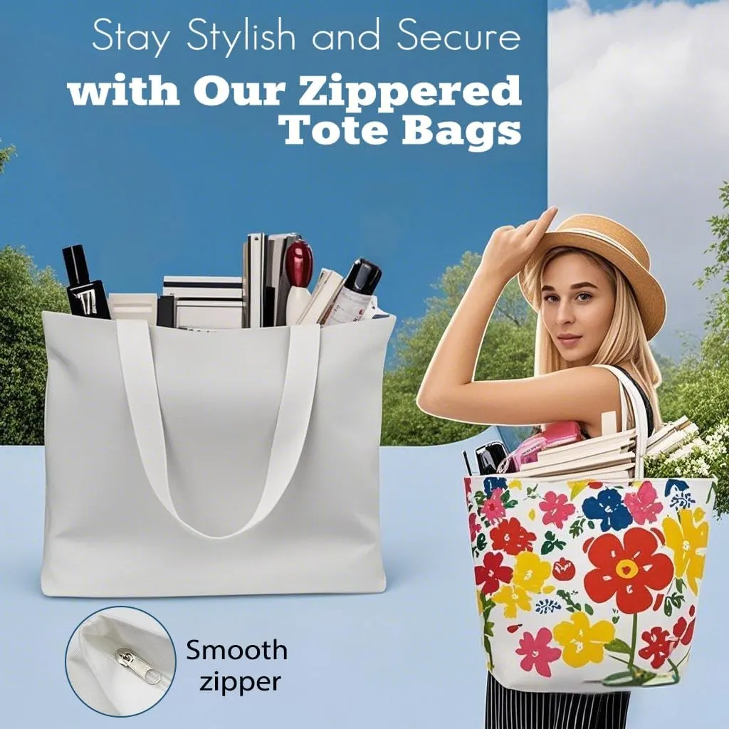 WeStar Sublimation Tote Bags Blanks,12 oz Heavy-Duty Polyester Canvas Tote Bag with Reinforced Zipper & Long Handles, Large Reusable Grocery Bag Ideal for DIY/Travel/Gym/Business Branding(5 Pcs)