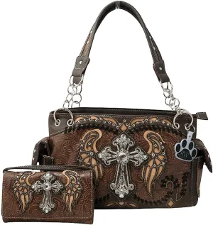 Western Handbag Rhinestone Cross Angelic Wings Women Purse and Wallet Set