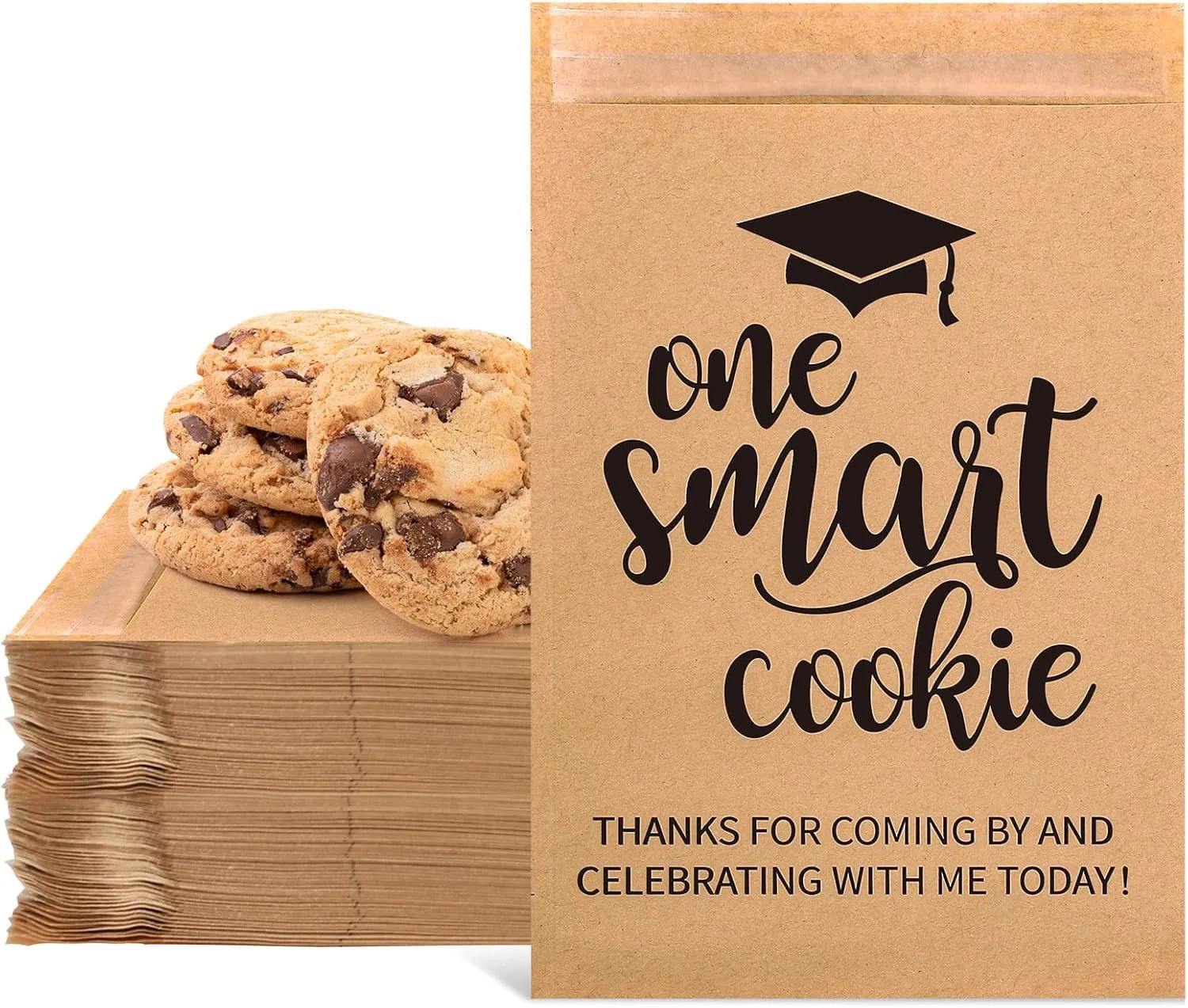 Whaline 100 Pack 2025 Graduation Candy Cookie Gift Bags One Smart Cookie Self-Adhesive Buffet Treat Bag Congrats Grad Kraft Paper Treat Gift Bags for Graduation Party Decoration Supplies